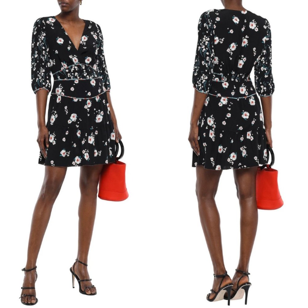 ba&sh Belize Black Floral Print Crepe Mini Dress